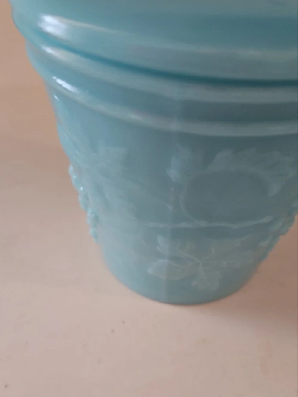 Vintage Portieux Vallerysthal French blue opaline (or milk glass) lidded jar